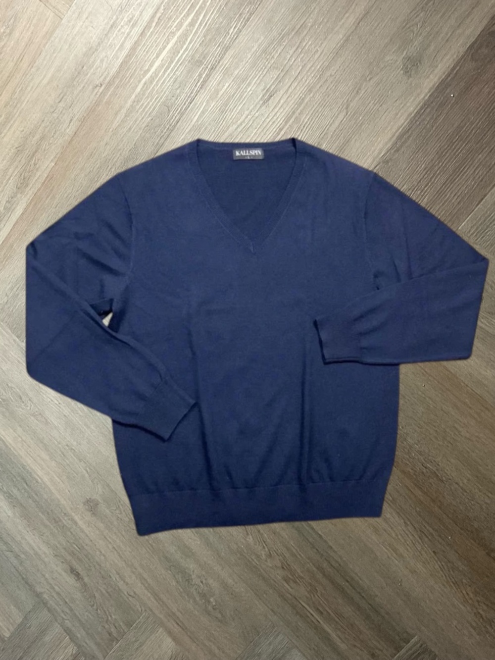 Kallspin V Neck Cashmere Wool Blend Pullover Sweater Mens Large Navy Blue Preppy